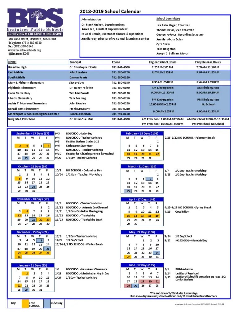201819 Braintree Calendar PDF Schools