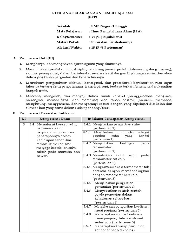 Rpp Suhu Dan Perubahannya Kelas 7 Kurikulum 2013 Revisi 2017 Galeri