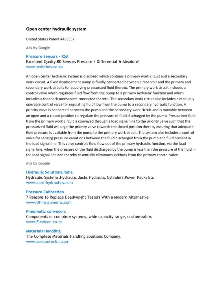 Open Center Hydraulic System | PDF | Pump | Valve