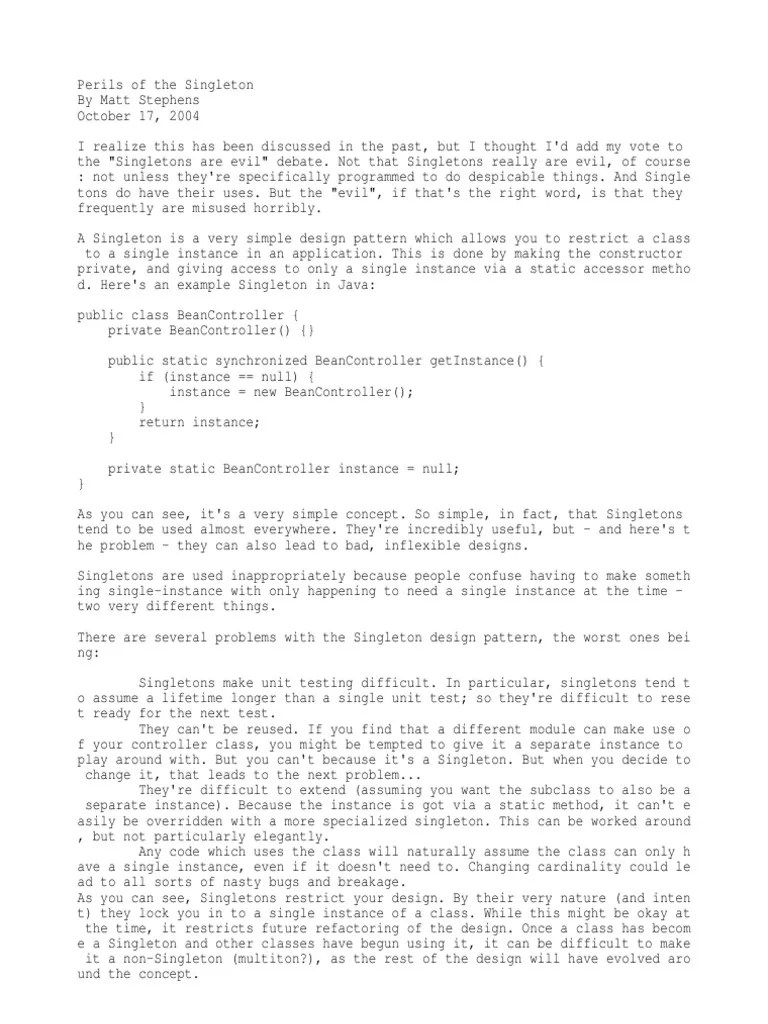 Perils of The Singleton PDF Method Programming) Unit