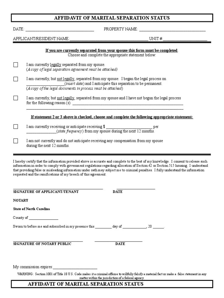 Affidavit Marital Separation Status Affidavit Notary Public