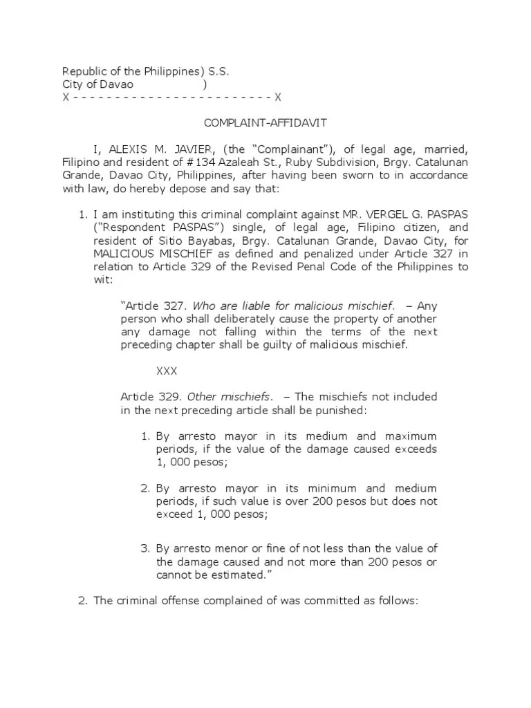 COMPLAINT MaliciousMischief PDF Affidavit Justice