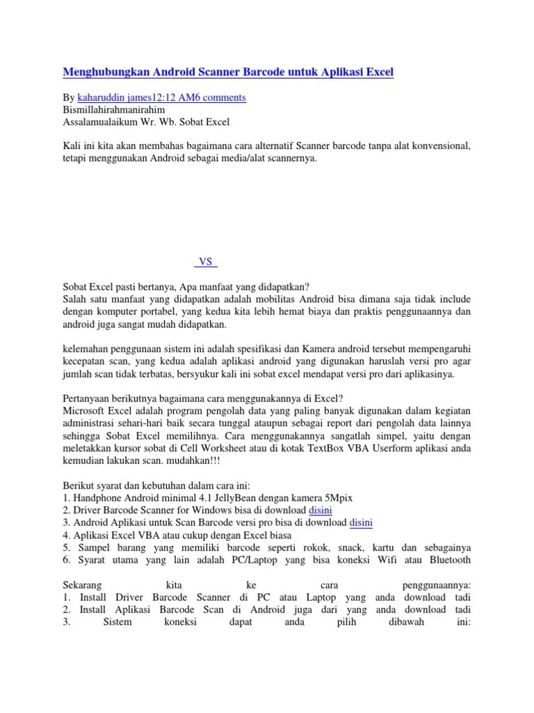 Menghubungkan Android Scanner Barcode Untuk Aplikasi Excel PDF
