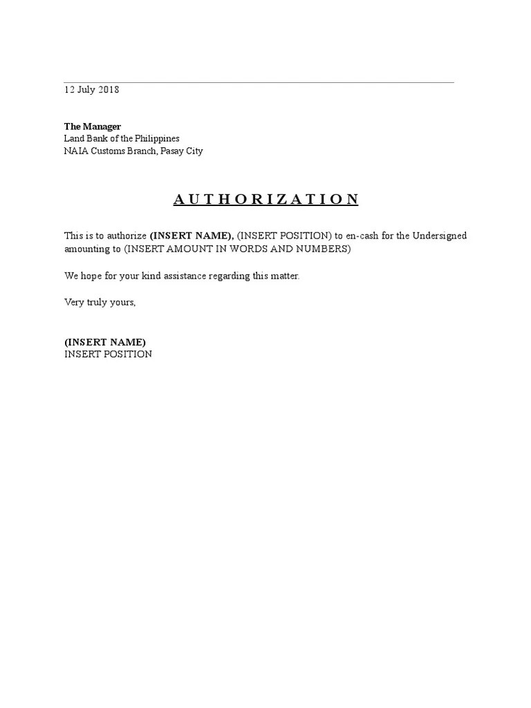 authorization letter to encash check Finance (General)