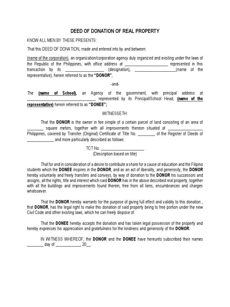 Deed of Donation of Real Property Deed Natural Resources Law Free