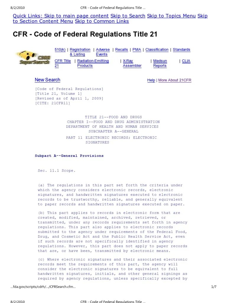 CFR Code of Federal Regulations Title 21 Signature Identity Document