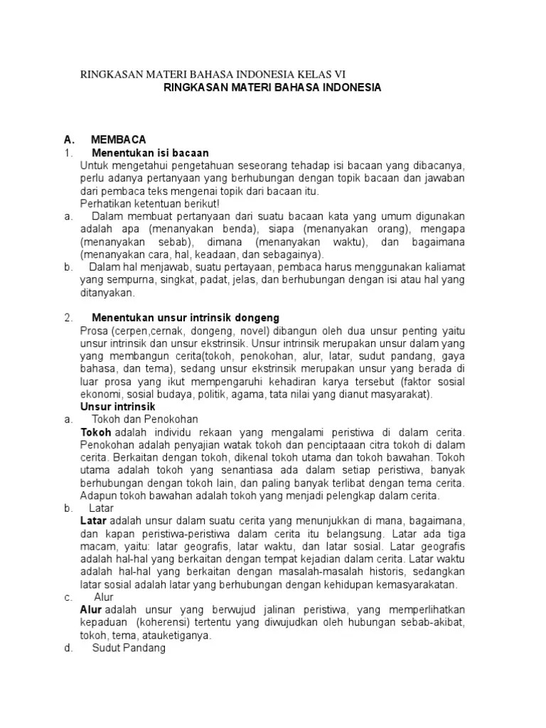 Ringkasan Materi Bahasa Indonesia Kelas Vi | PDF