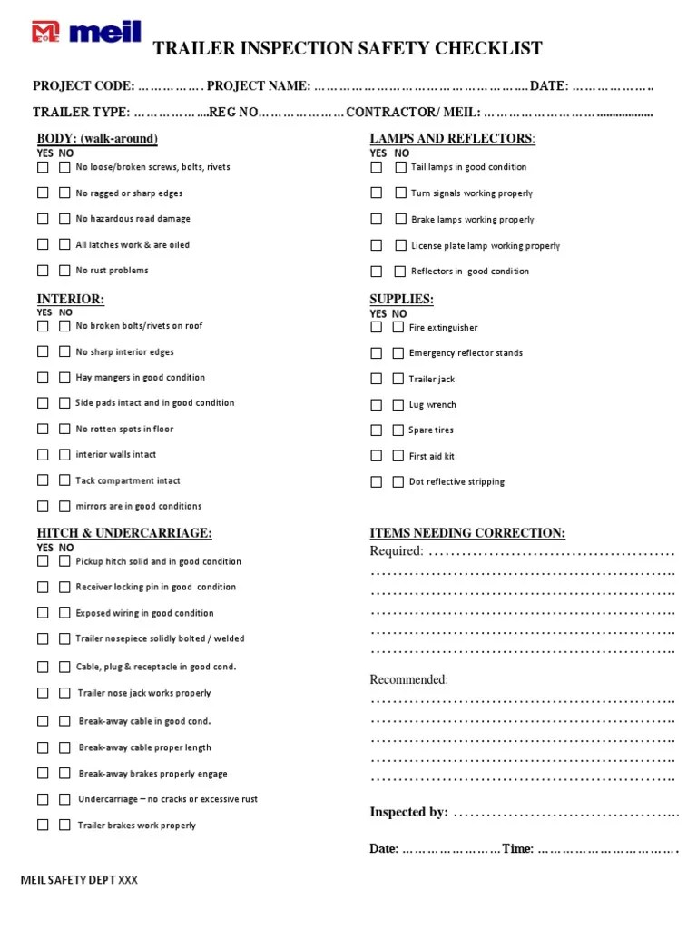 Trailer Inspection Safety Checklist Trailer (Vehicle) Equipment
