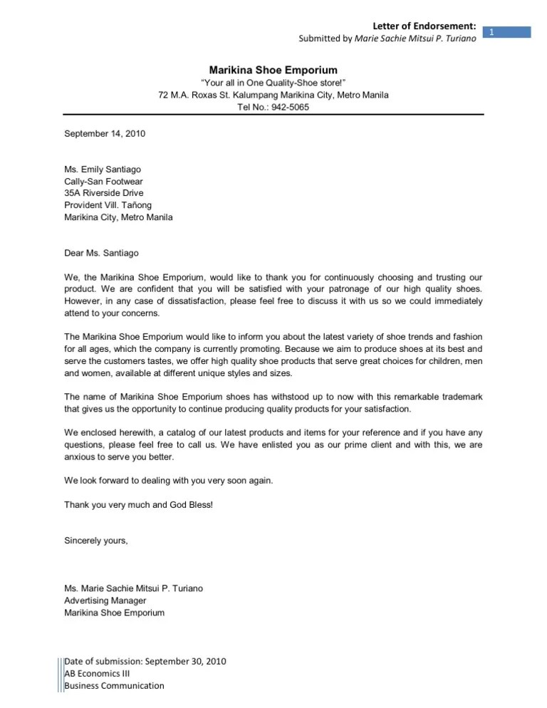 Letter of Endorsement Sample