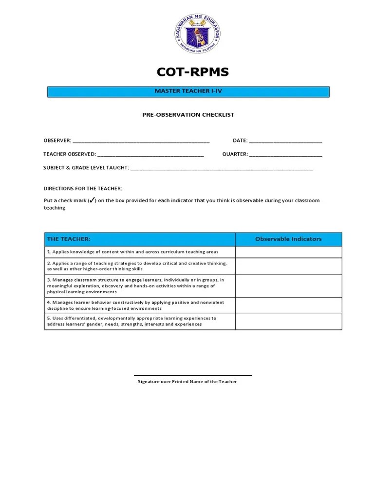 Inter Observation Cot Rpms MT IIV Teachers Learning