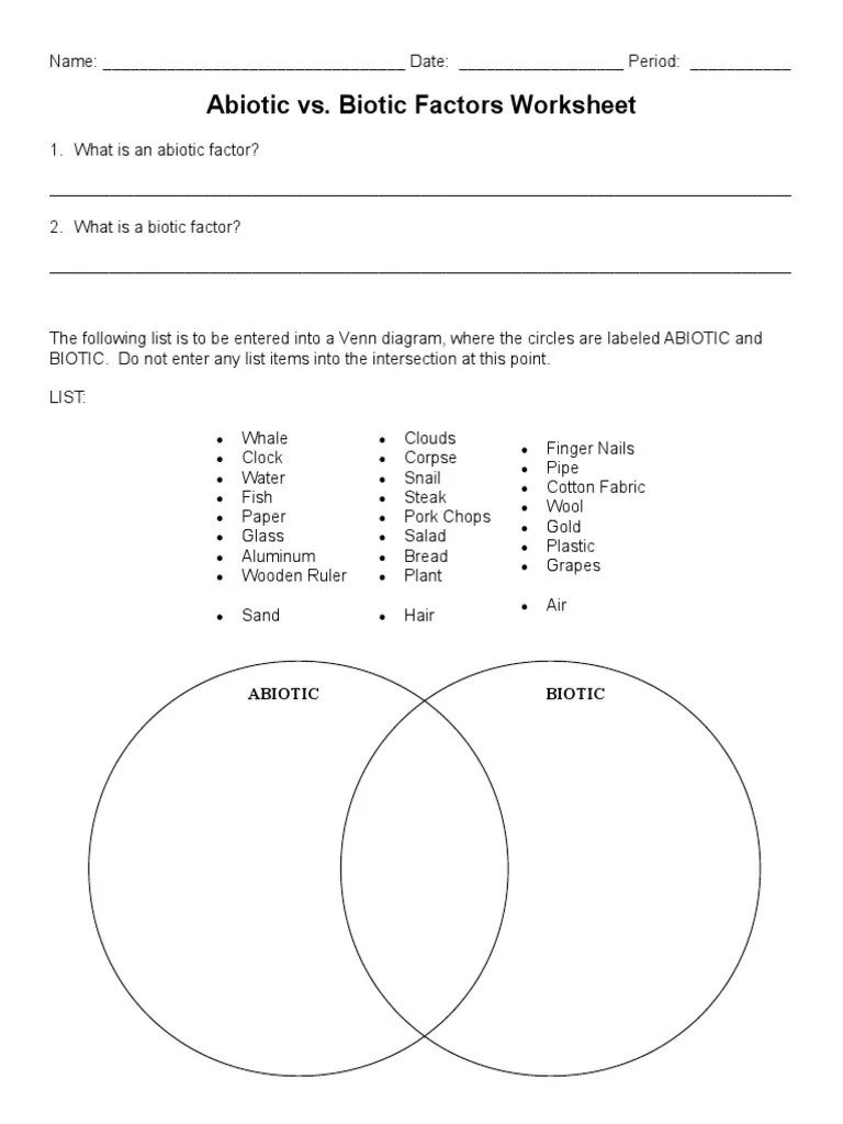 Abiotic Vs Biotic Factors Worksheet PDF Nature Natural Environment
