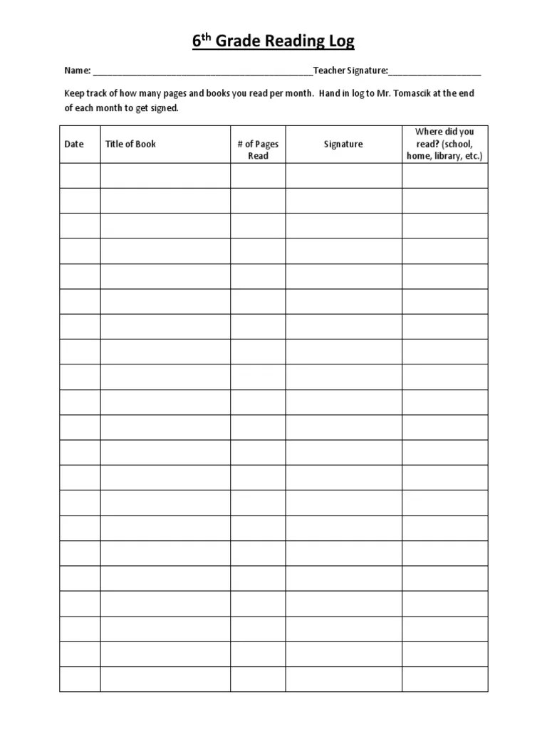 6th grade reading log Document Written Communication