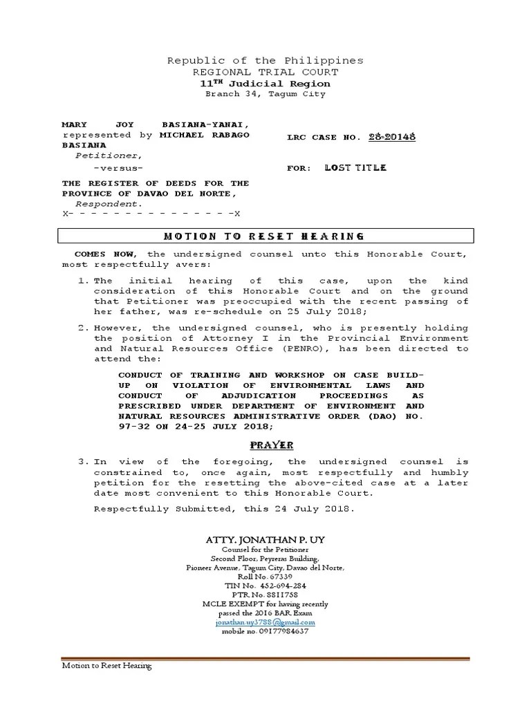 Motion to Reset Hearing Sample Justice Crime & Violence