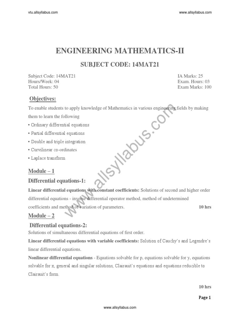 ENGINEERING MATHEMATICS 2 VTU Syllabus PDF PDF Partial