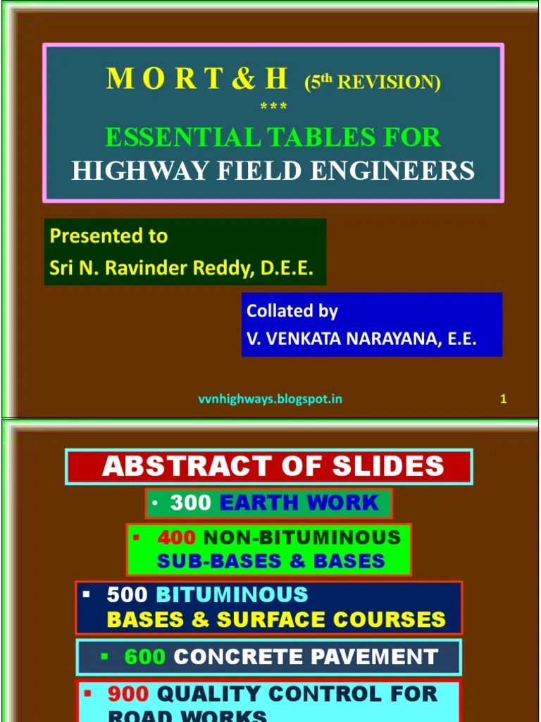 Venkat MoRTH 5th Revision Essential Tables For Highway Field Engineers PDF Road Surface