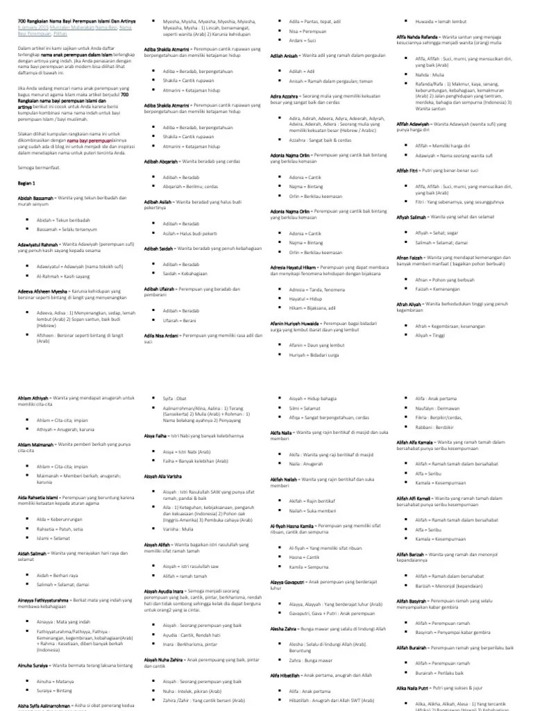 700 Rangkaian Nama Bayi Perempuan Islami Dan Artinya | PDF