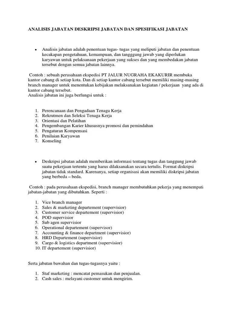 Analisis Jabatan Deskripsi Jabatan Dan Spesifikasi Jabatan