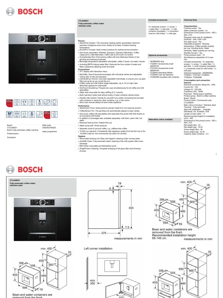 Bosch CTL636ES1 Coffee Machine Specifications Sheet PDF Coffee Drink