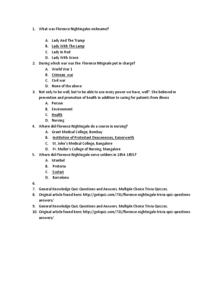Answer Key To Cells | PDF | Florence Nightingale | Nursing