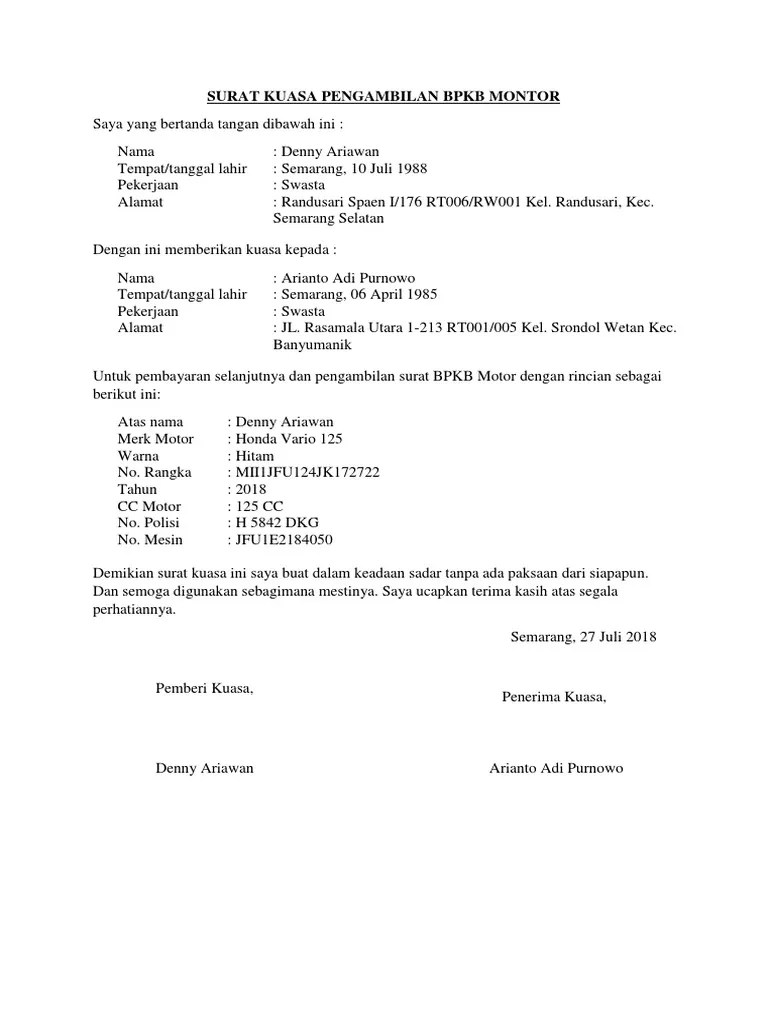 Contoh Surat Kuasa Untuk Pengambilan Bpkb Motor Kumpulan
