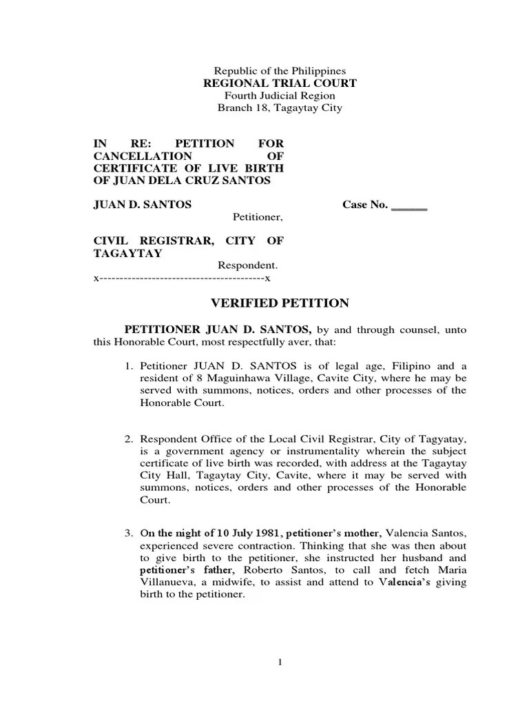 Petition for Cancellation of Birth Certificate Birth Certificate