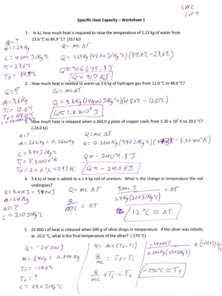 Specific Heat Capacity Worksheet (Key) Branches Of Thermodynamics