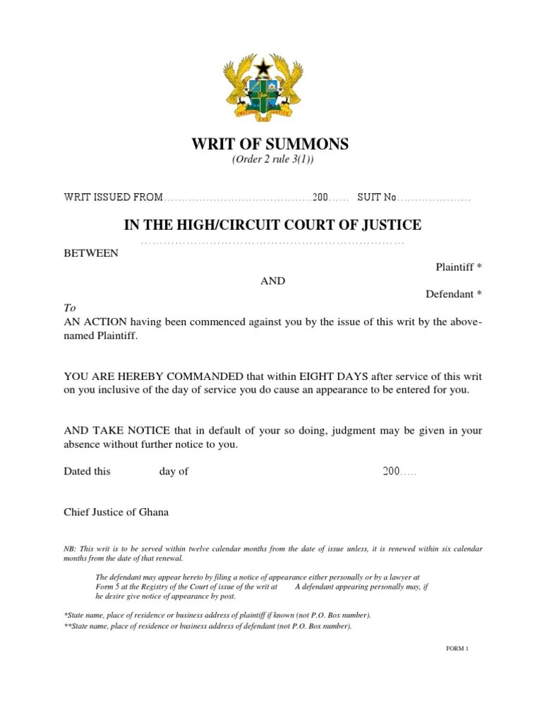 Writ Of Summons In The High/Circuit Court Of Justice