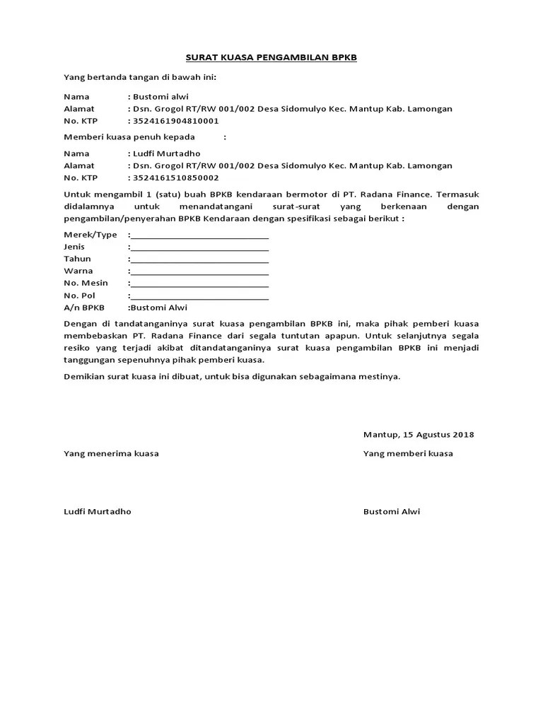 Referensi Surat Kuasa Pengambilan Bpkb Mobil Di Leasing