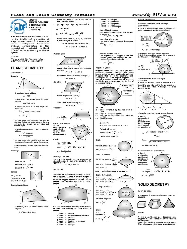 Plane and Solid Geometry Formulas Triangle Circle