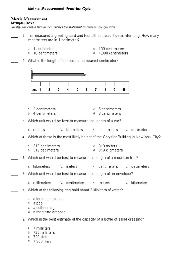 Metric Measurement Practice Quiz Measurement Scientific Method