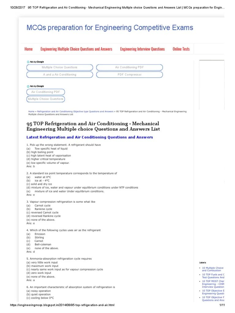 95 Top Refrigeration and Air Conditioning Question and Answers PDF