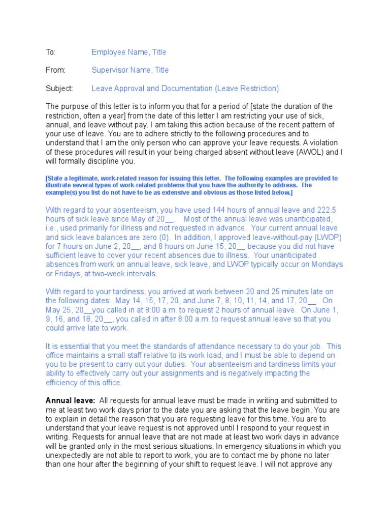 Sample Leave Restriction Letter PDF Physical Examination Medical