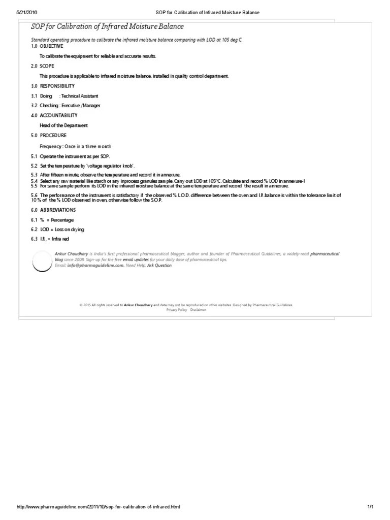 SOP For Calibration of Infrared Moisture Balance PDF Infrared