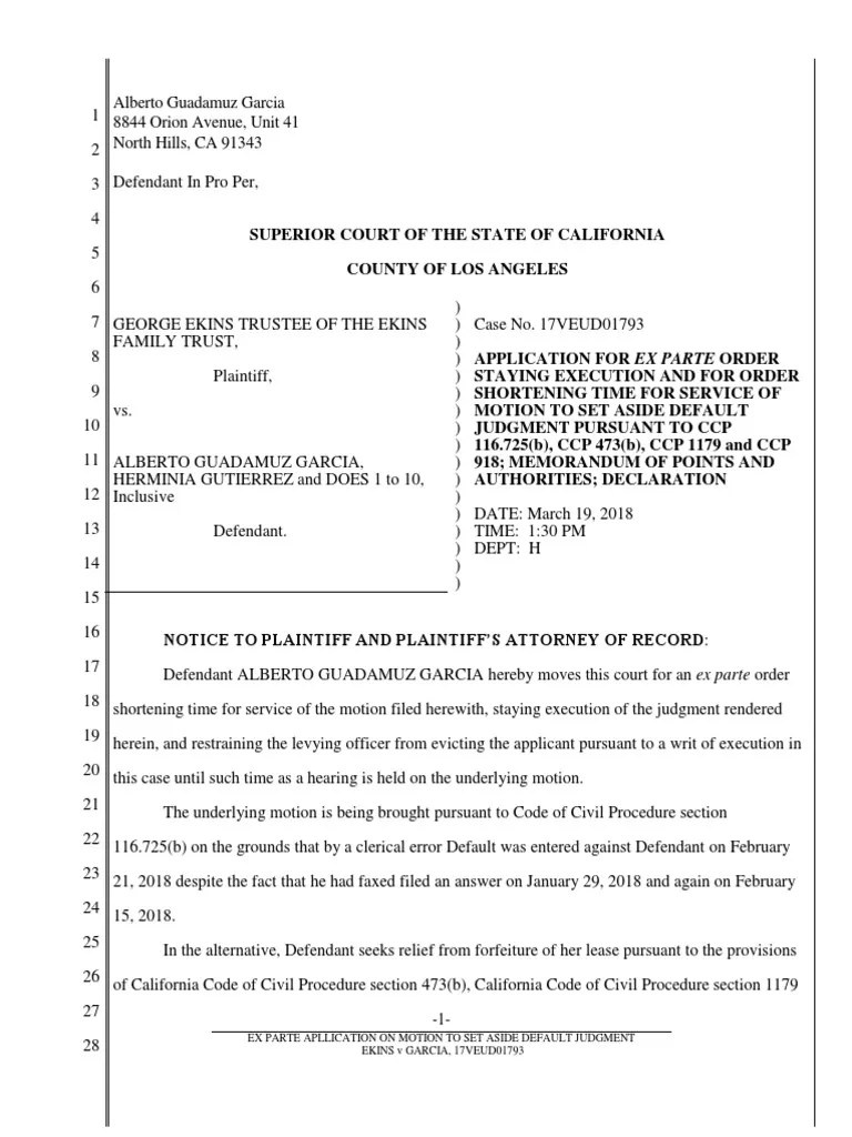 aplication for ex parte , Default Judgment Ex Parte