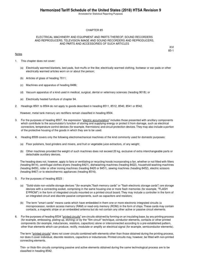 HTS Code Chapter 85 Computer Memory Electronic Circuits