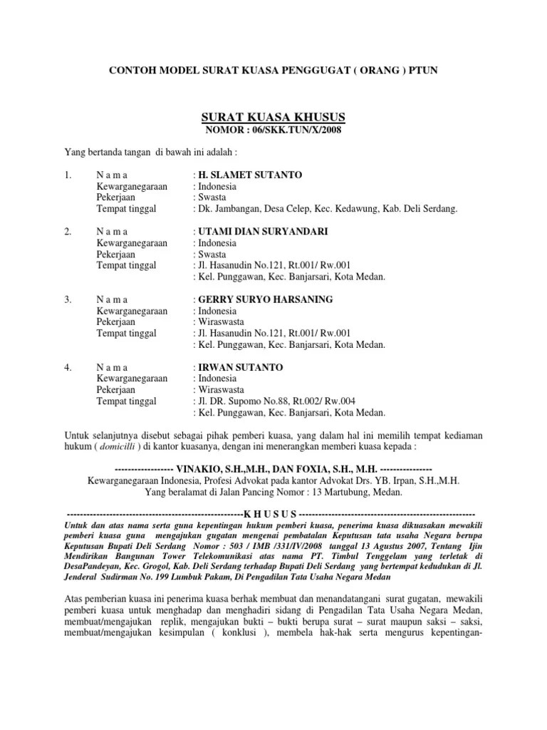 Contoh Surat Kuasa Penggugat Dalam PTUN