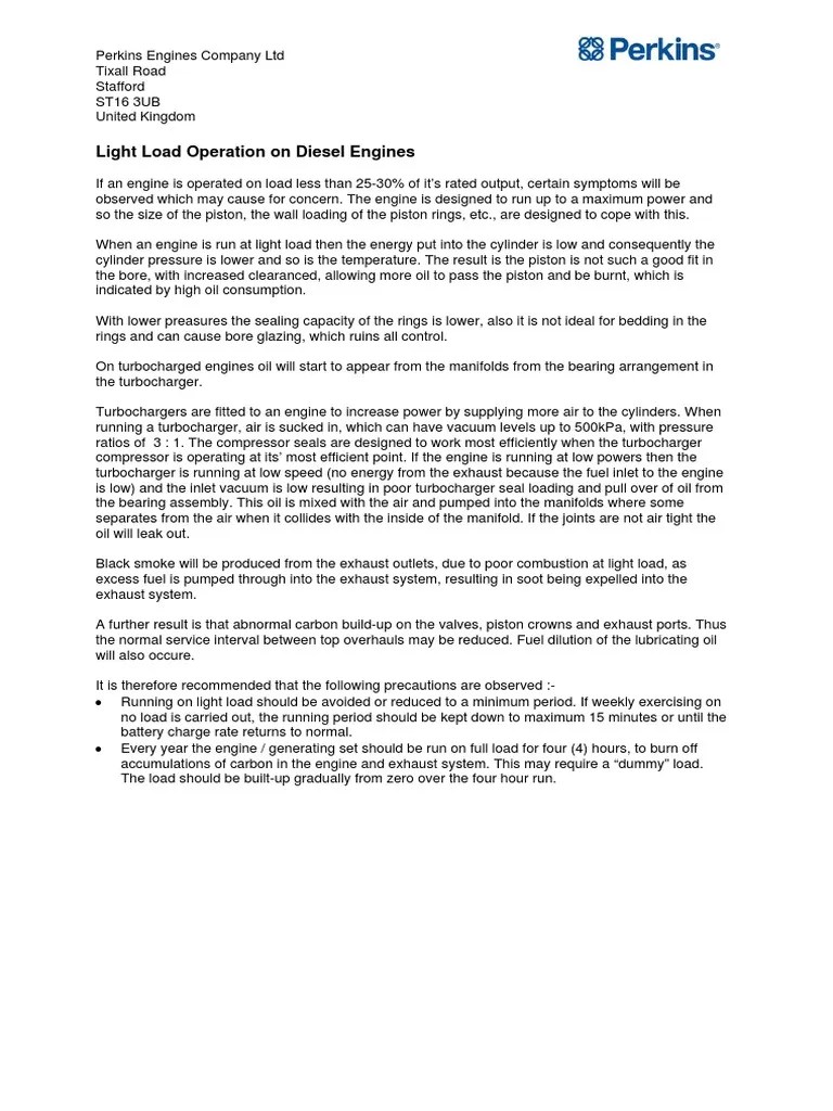 Light Load Operation Perkins PDF Turbocharger Internal Combustion