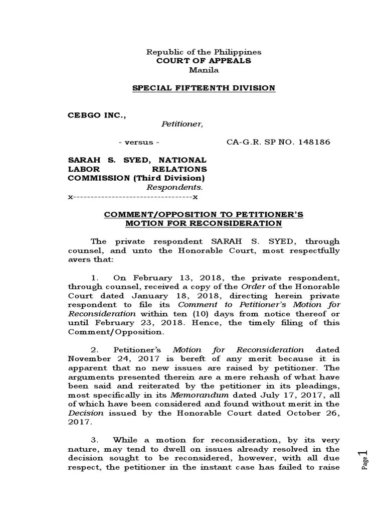 Comment On Motion For Reconsideration Syed (Cebgo) PDF Burden Of