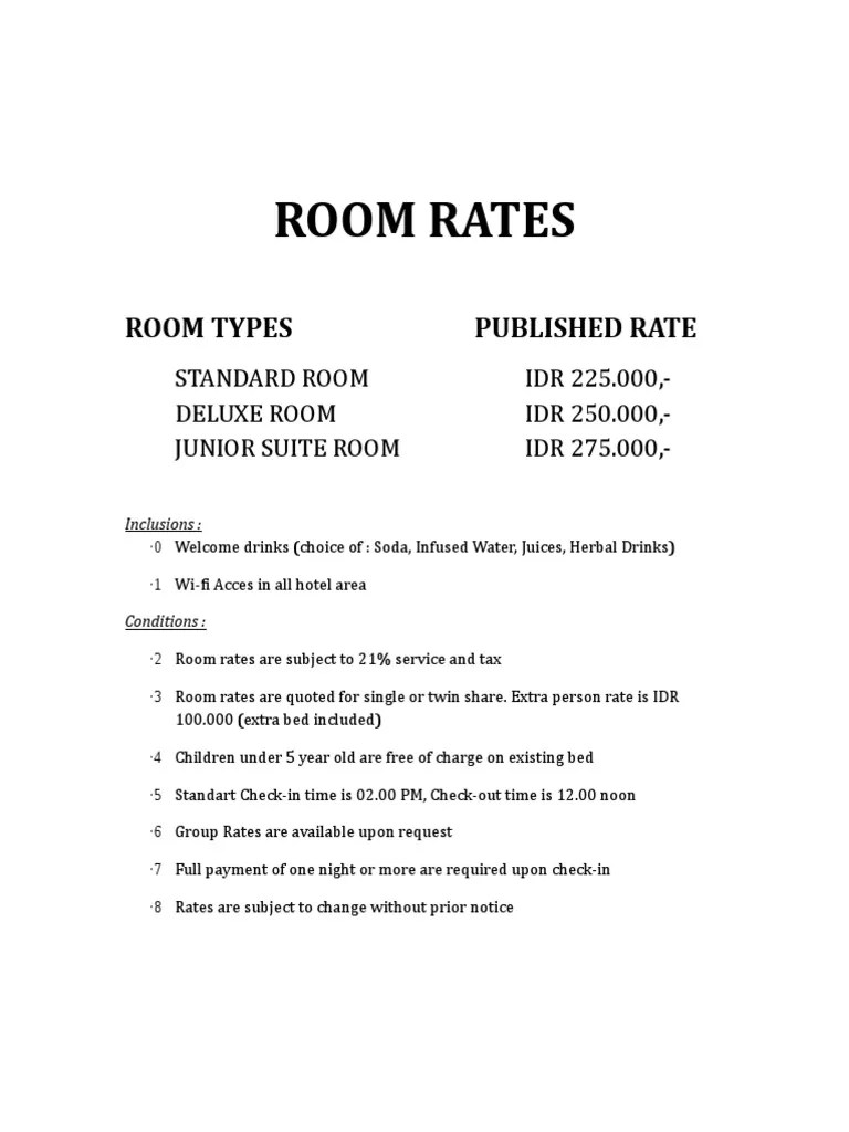 Hotel Room Rate Card Outlining Options and Pricing with Inclusions, Conditions and