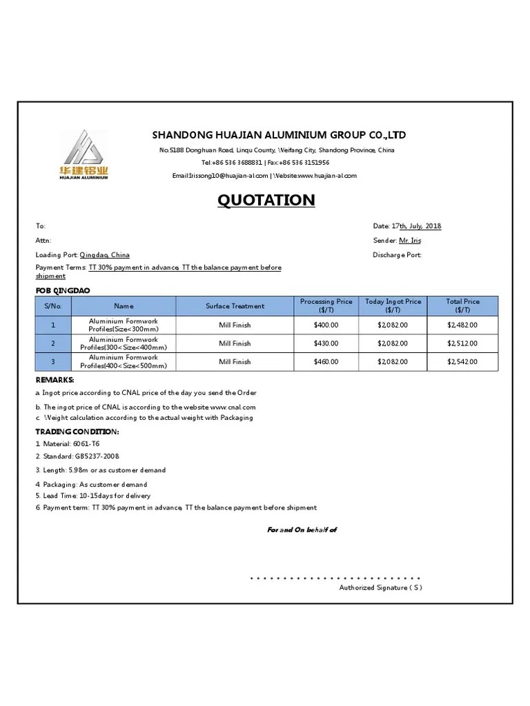 Quotation Shandong Huajian Aluminium Group Co.,Ltd PDF Business