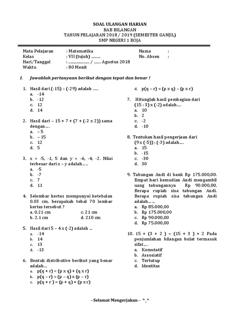 ULANGAN HARIAN BAB BILANGAN Kelas 7G | PDF