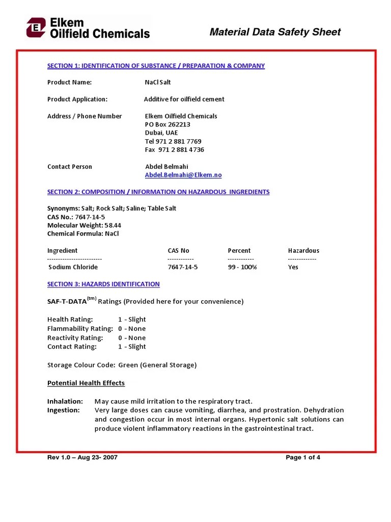 NaCl MSDS Sodium Chloride Personal Protective Equipment