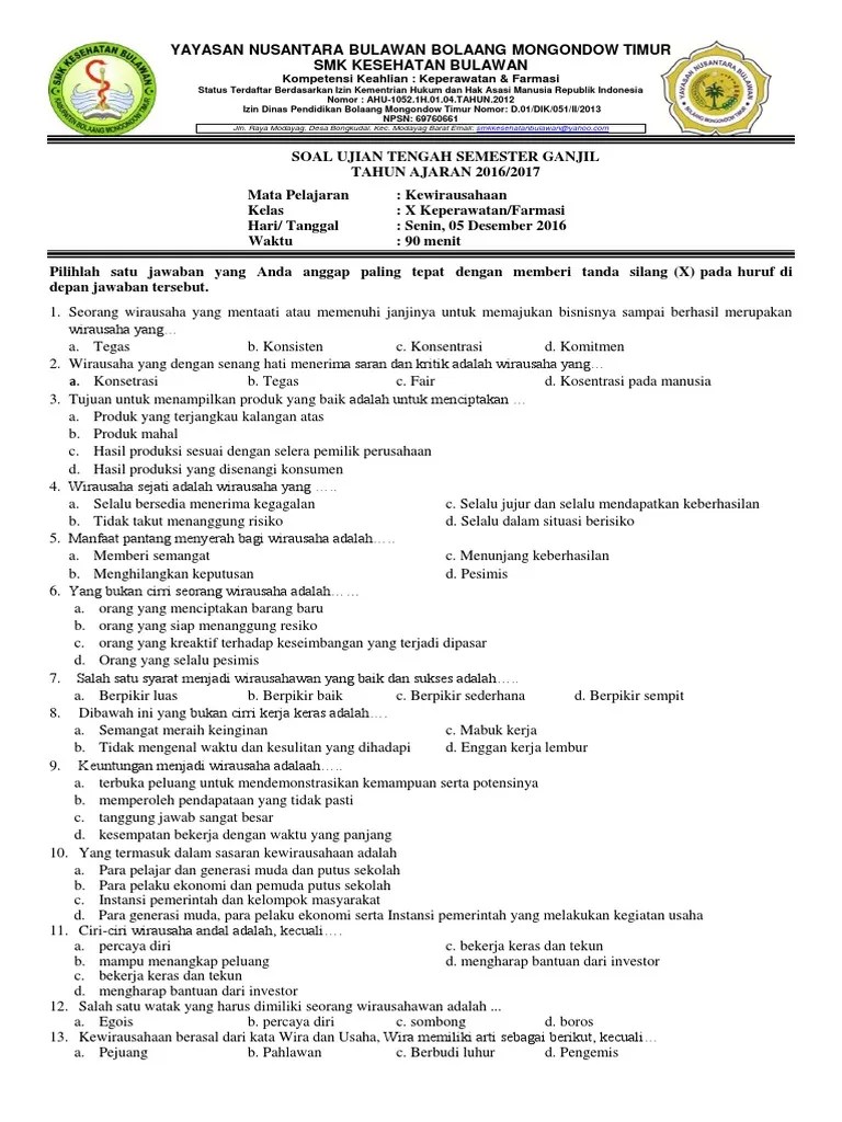 Soal Ujian Akhir Semester Ganjil Kewirausahaan Kelas X 2016 2017 Fix Pdf
