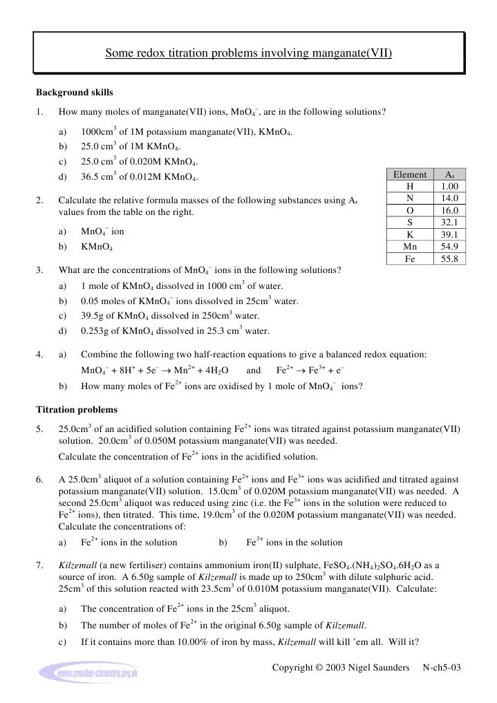 Redox Titration Quiz PDF Titration Chemistry
