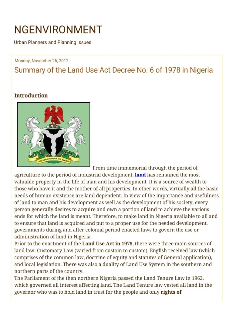 NGENVIRONMENT Summary of The Land Use Act Decree No. 6 of 1978 in