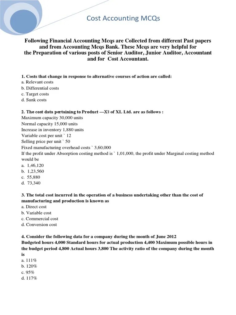 Cost Accounting Multiple Choice Questions PDF Inventory Cost Of