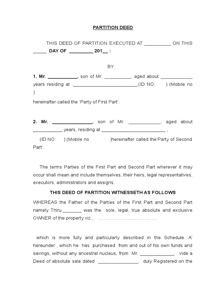 Partition Deed English Deed Property Law