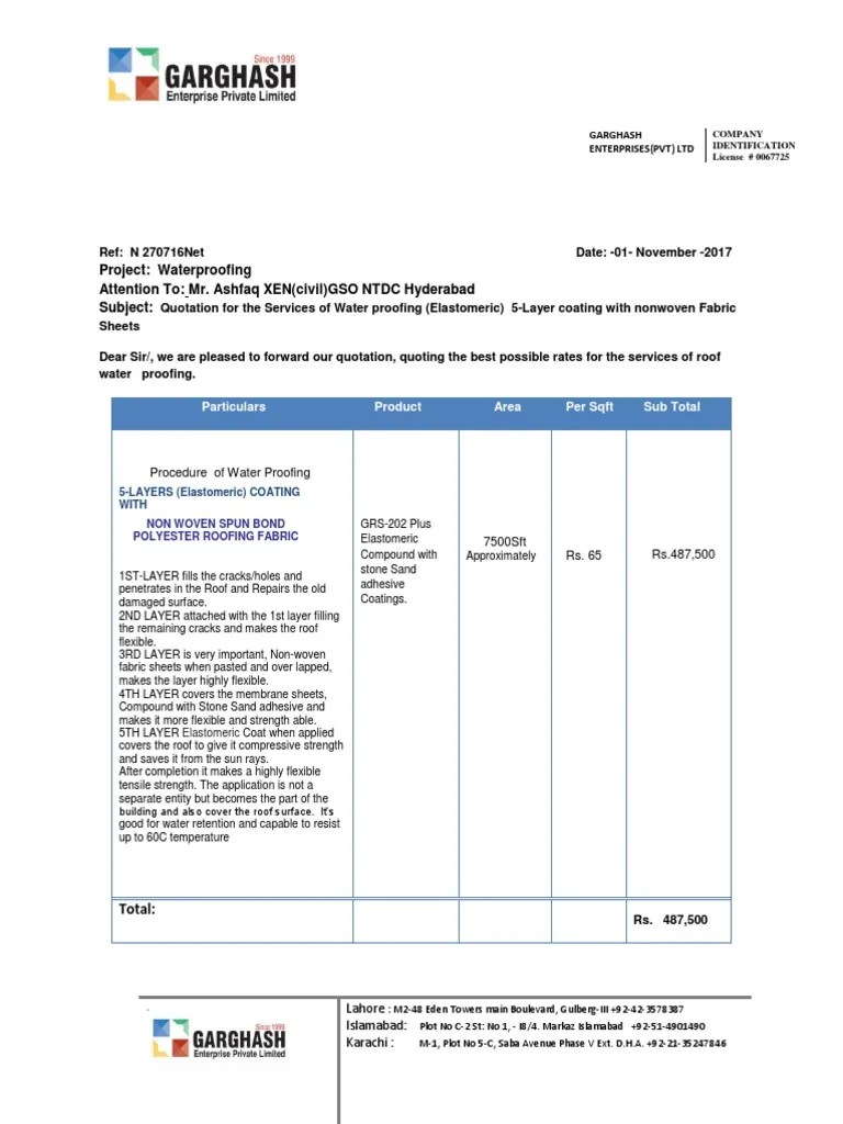 Quotation 5Layer waterproofing MR.Ashfaq(Hyd).pdf Nonwoven Fabric
