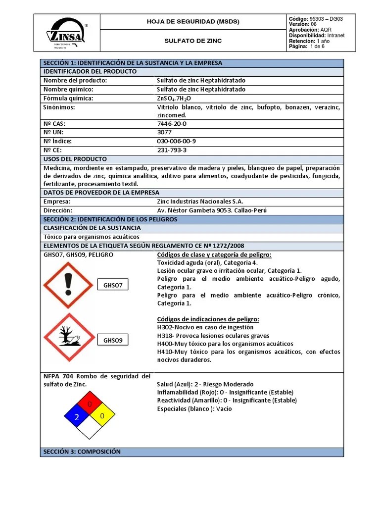 (95303DG03) MSDS Sulfato de ZincV6 Administración de Seguridad y