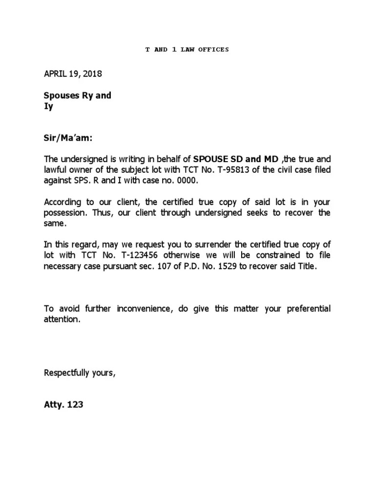 Demand Letter to Surrender Transfer Certificate Title Government